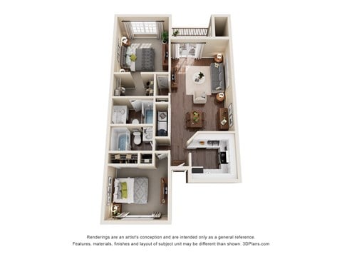 Floor plan for 2 beds, 2 baths, 884 sqft
